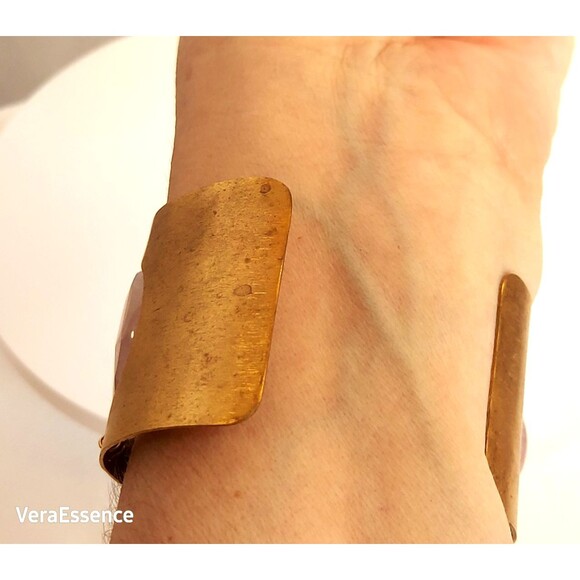 Sister Secrets Cuff Bracelet Rose Pink Quartz Brushed Gold Plated Signed Vtg